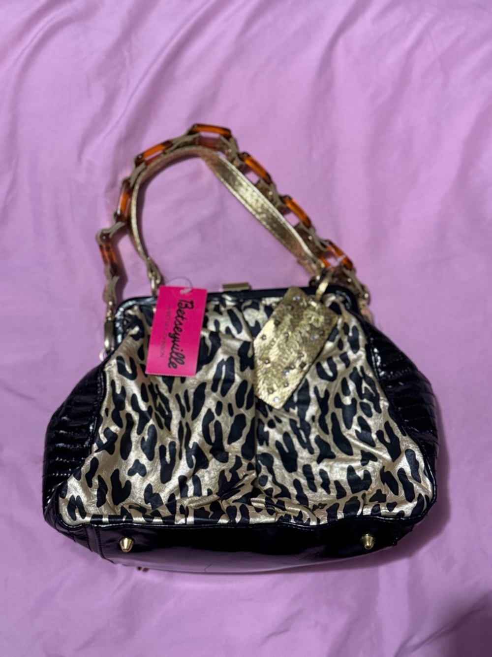 Betsey Johnson Gold and Black Leopard-Print Shoulder Bag